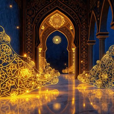 The primary subject of the image is a beautifully decorated room with a large, ornate doorway. The setting is a palace, and the visual style is a combination of digital art and illustration. The room is illuminated by a warm, golden light, creating a serene and inviting atmosphere. The colors and mood of the image are predominantly warm and rich, with the golden light and intricate patterns of the palace doorway as the main focus.